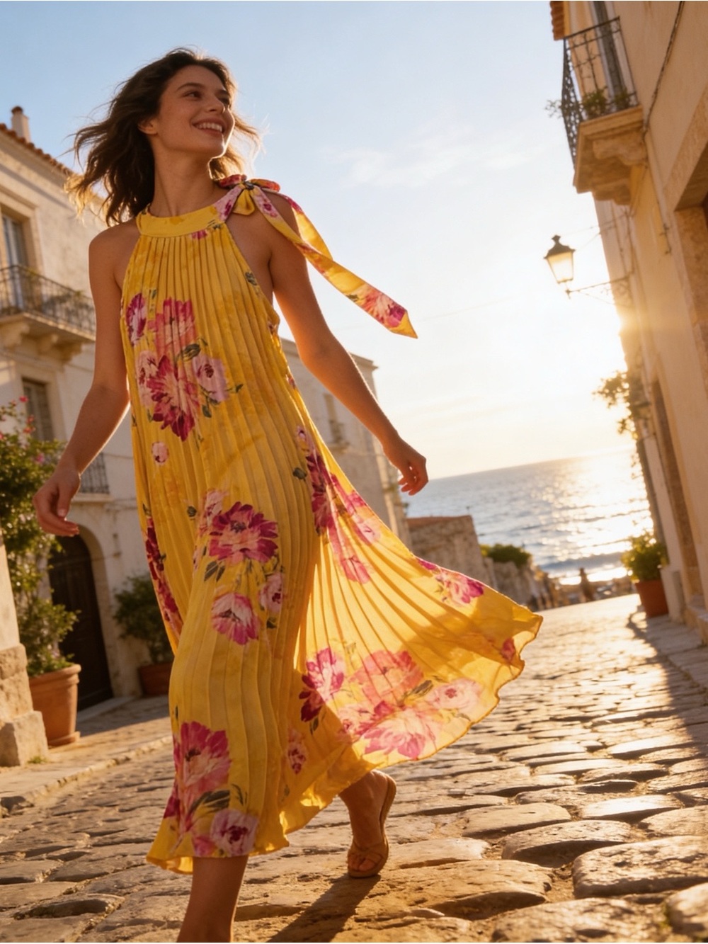 Cato Yellow Floral Tie-Shoulder Pleated Maxi Dress With Side Bow. Size S